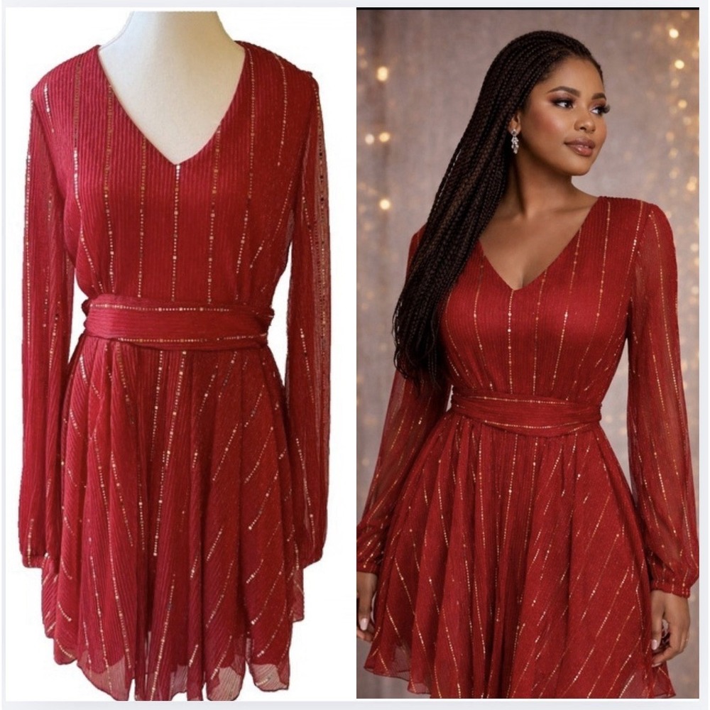 Chic Me Red Gold Sequin Stripe Dress Large V-Neck Long Sleeve Pleated Holiday - Picture 11 of 11
